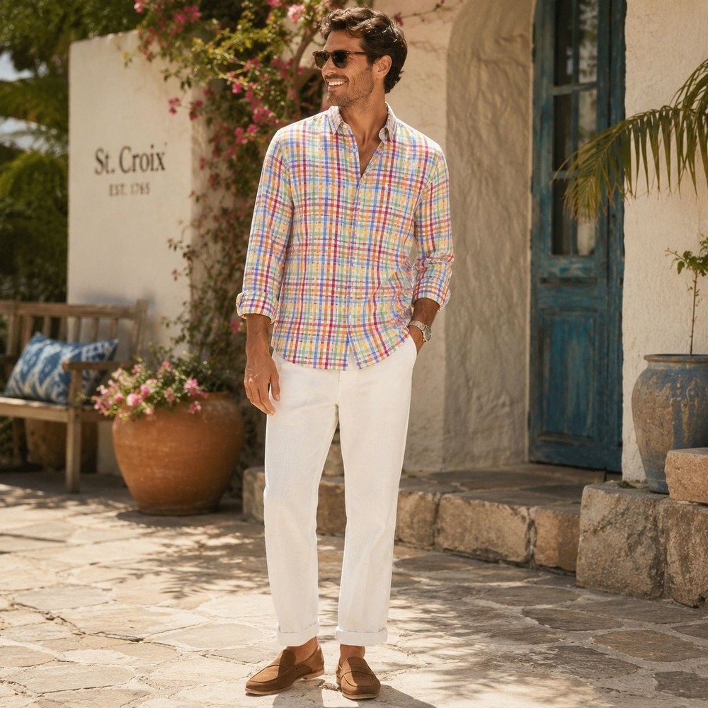 ST. CROIX Men's Dress Shirt XXL Multicolor Plaid Check Button Front ITALY Made